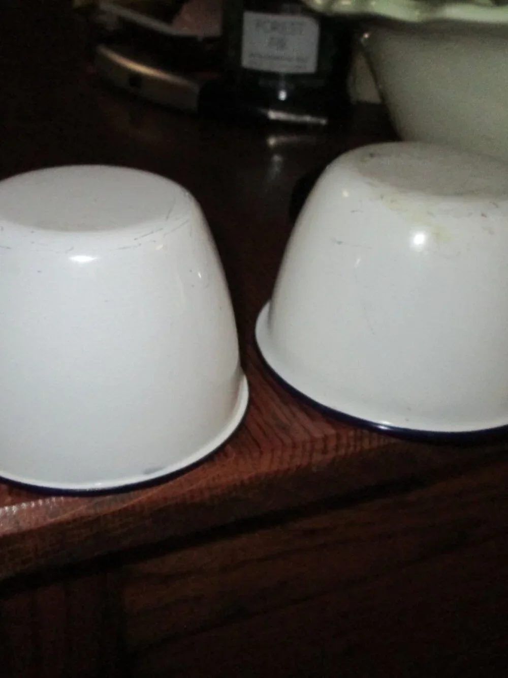 vtg white farmhouse enamelware coffee cups white black trim